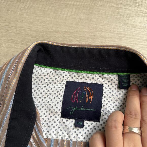 John Lennon Signature Striped Button-Up Shirt Mens L Multicolor Cotton Head Logo - Picture 2 of 9